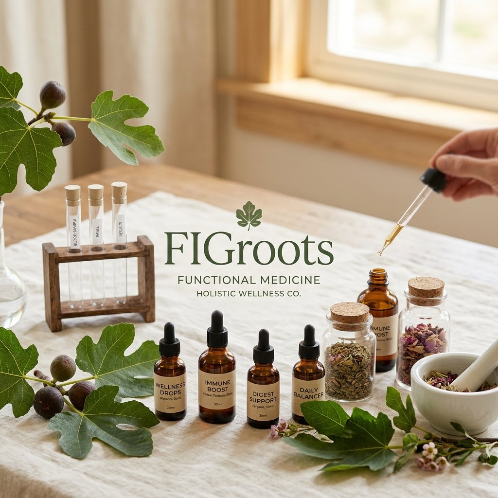 Clinical apothecary layout with herbal dropper bottles, fresh green leaves, and scientific glass vials